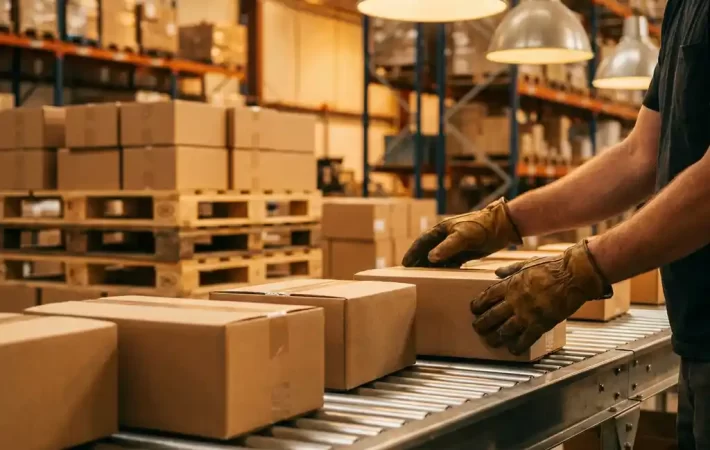 Handschoenen dragende fabrieksmedewerker stapelt kartonnen dozen op industriële transportband in magazijn met warme verlichting.