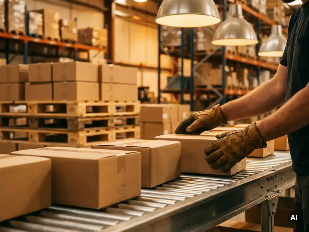 Handschoenen dragende fabrieksmedewerker stapelt kartonnen dozen op industriële transportband in magazijn met warme verlichting.