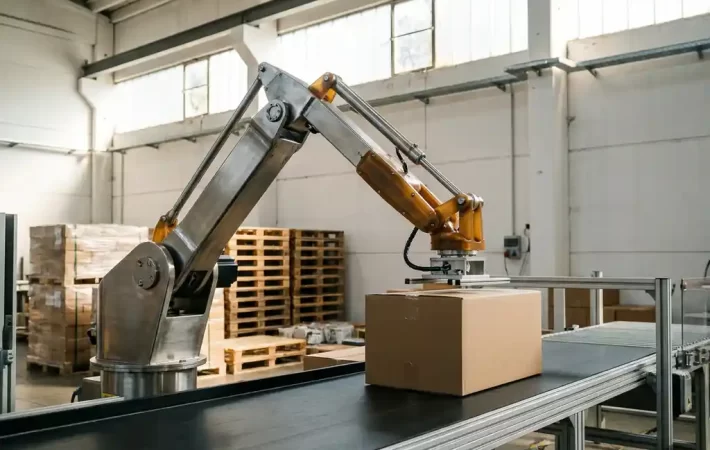 Industriële robotarm plaatst kartonnen dozen op lopende band in moderne verpakkingsfabriek, gestapelde pallets op achtergrond.
