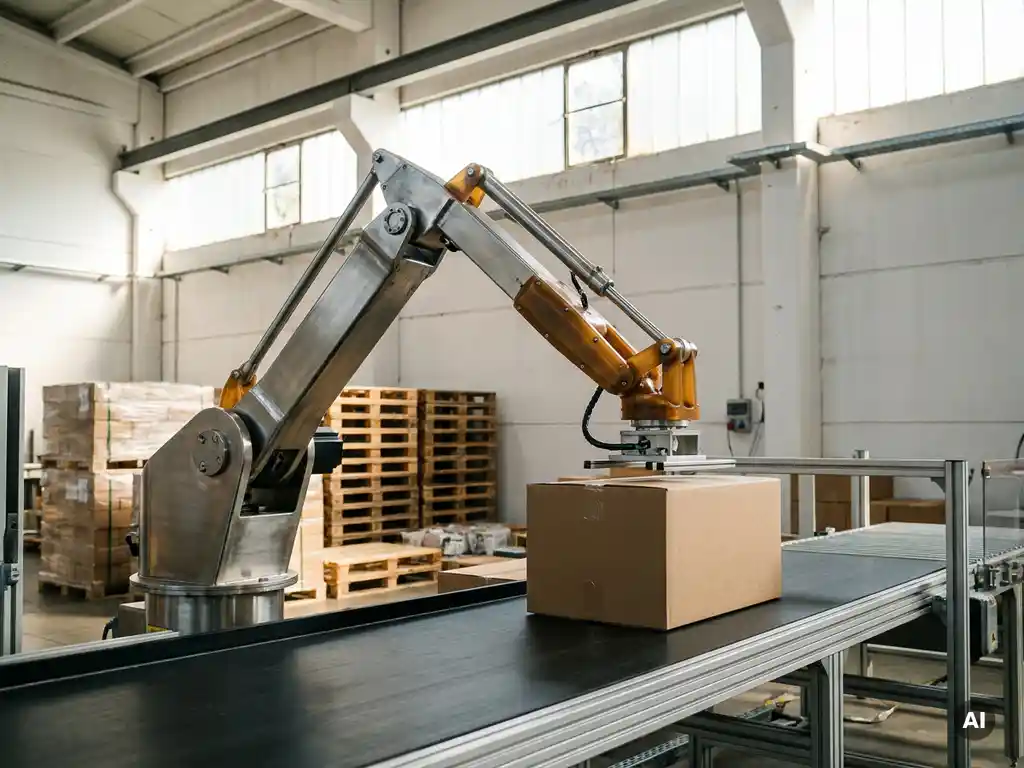 Industriële robotarm plaatst kartonnen dozen op lopende band in moderne verpakkingsfabriek, gestapelde pallets op achtergrond.